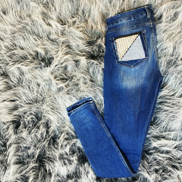 Custom designed blue jeans with rocker studded back pocket - Picture 2 of 5